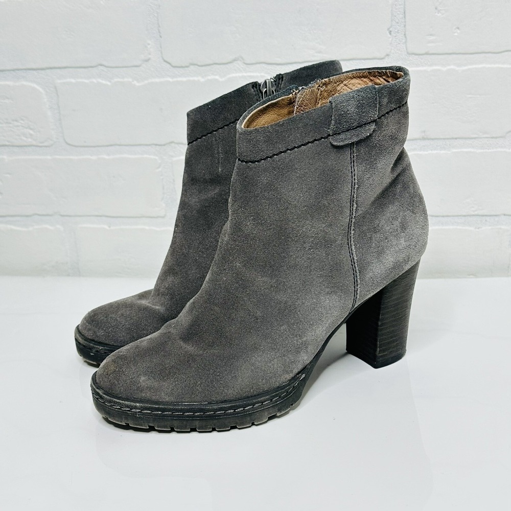 Biala Grey Suede Leather Ankle Boots Round Toe Block Heel Lug Sole Size 36M